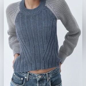 Zara NWT Grey Blue Crewneck Knit Open Back Tie Sweater Size Small